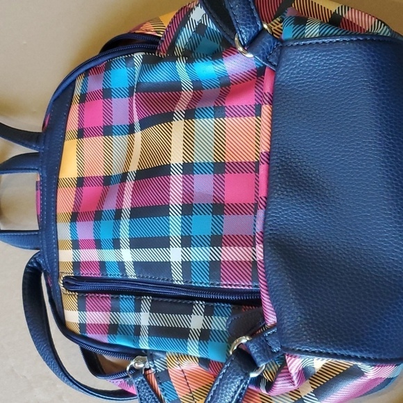 Multi Sac colorful plaid and navy backpack 9 pockets approx 12 X 11 - Picture 8 of 12